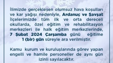 Artvin’in Ardnuç ve Şavşat ilçelerinde okullar kar nedeniyle tatil edildi