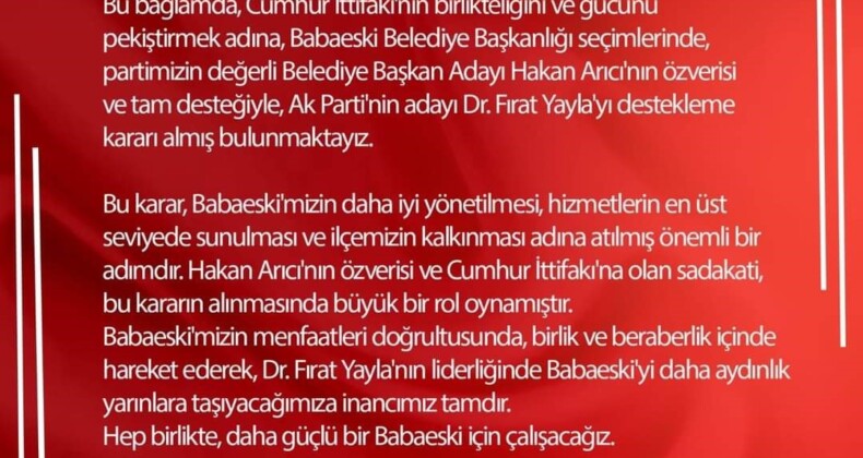 MHP Babaeski’de adayını geri çekti, AK Parti’yi destekleyecek