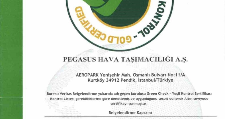 Pegasus, ’Green Check-Yeşil Kontrol Belgesi’ni alan ilk hava yolu şirketi olduğunu duyurdu